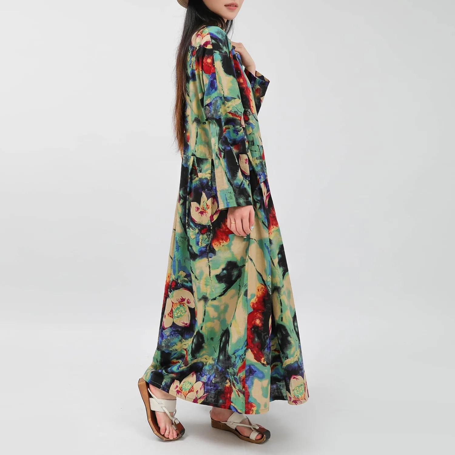 Women Boho Floral Print Cotton Long Maxi Skirt with Pockets and Adjustable Waistband Beach Casual Summer Dress