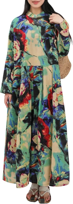 Women Boho Floral Print Cotton Long Maxi Skirt with Pockets and Adjustable Waistband Beach Casual Summer Dress