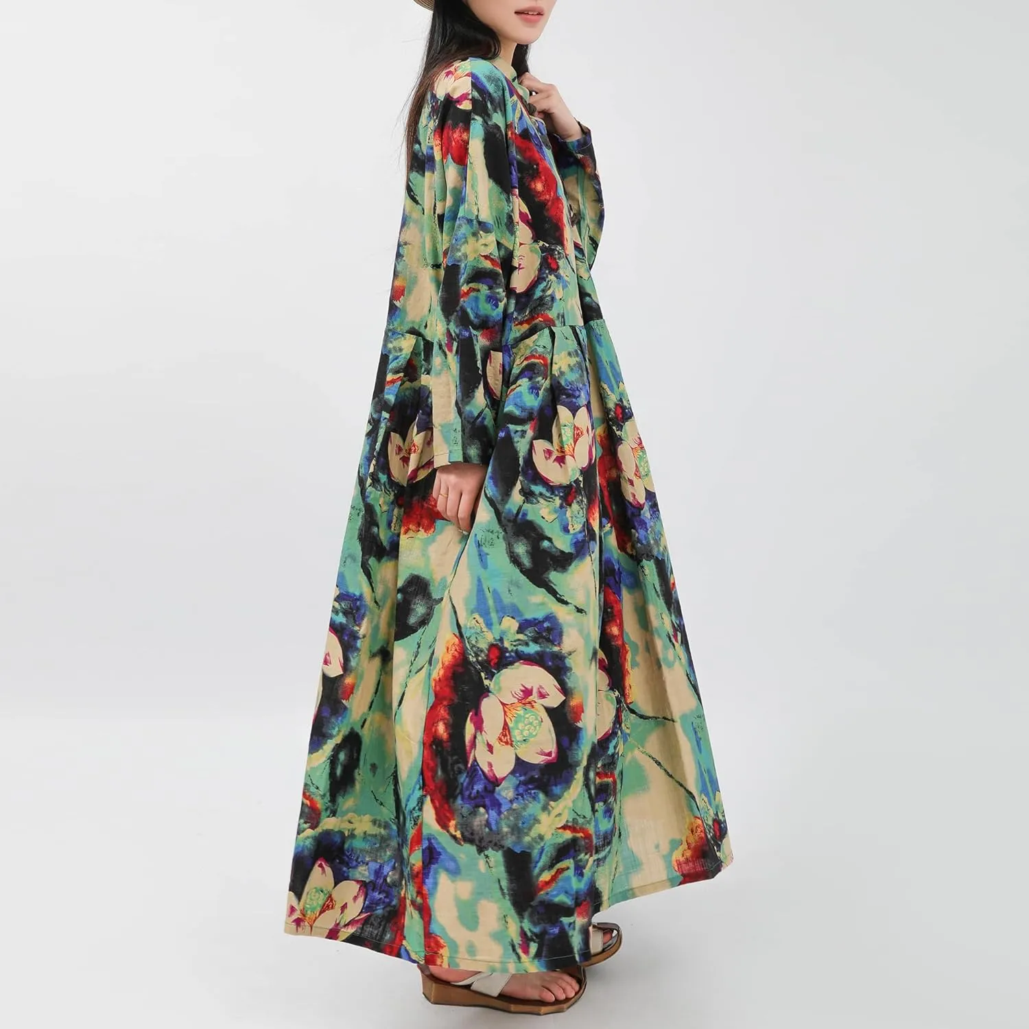 Women Boho Floral Print Cotton Long Maxi Skirt with Pockets and Adjustable Waistband Beach Casual Summer Dress