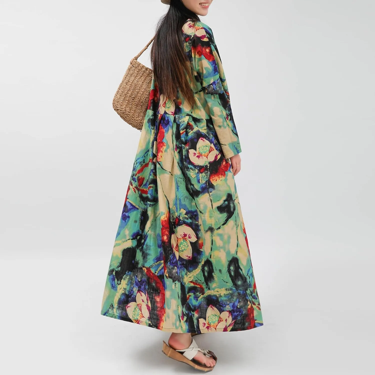 Women Boho Floral Print Cotton Long Maxi Skirt with Pockets and Adjustable Waistband Beach Casual Summer Dress