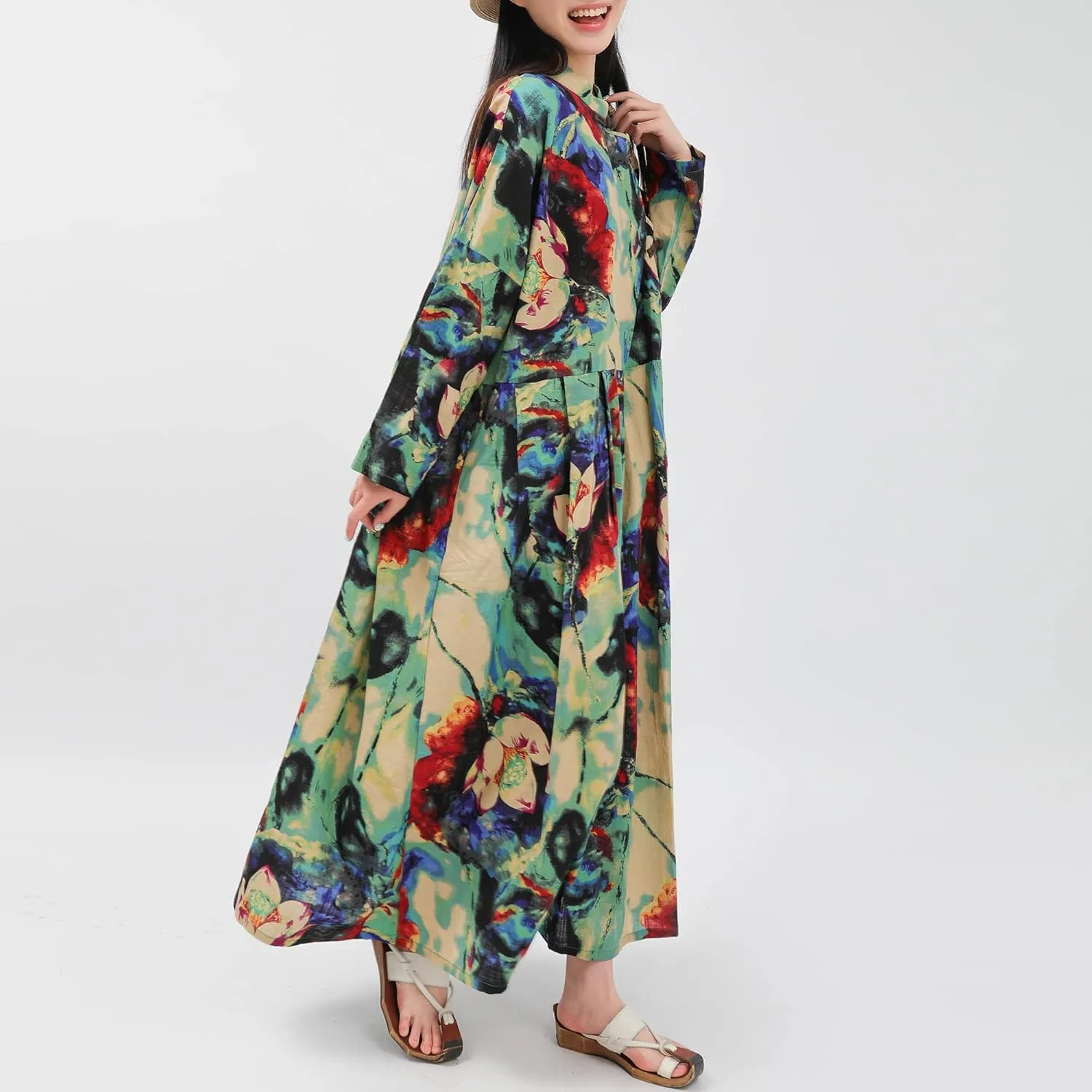 Women Boho Floral Print Cotton Long Maxi Skirt with Pockets and Adjustable Waistband Beach Casual Summer Dress