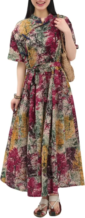 Women Boho Floral Print Cotton Long Maxi Skirt with Pockets and Adjustable Waistband Beach Casual Summer Dress