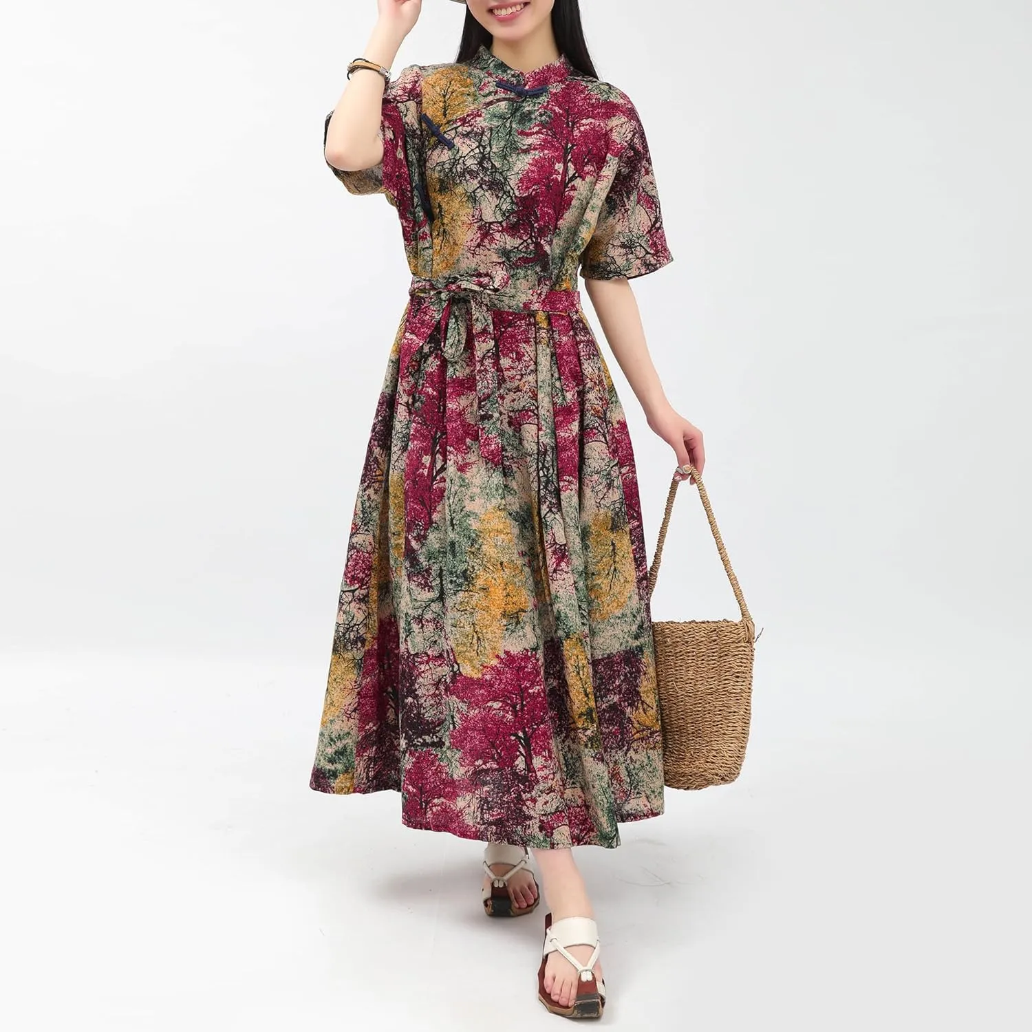 Women Boho Floral Print Cotton Long Maxi Skirt with Pockets and Adjustable Waistband Beach Casual Summer Dress