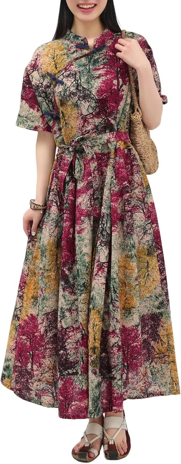 Women Boho Floral Print Cotton Long Maxi Skirt with Pockets and Adjustable Waistband Beach Casual Summer Dress