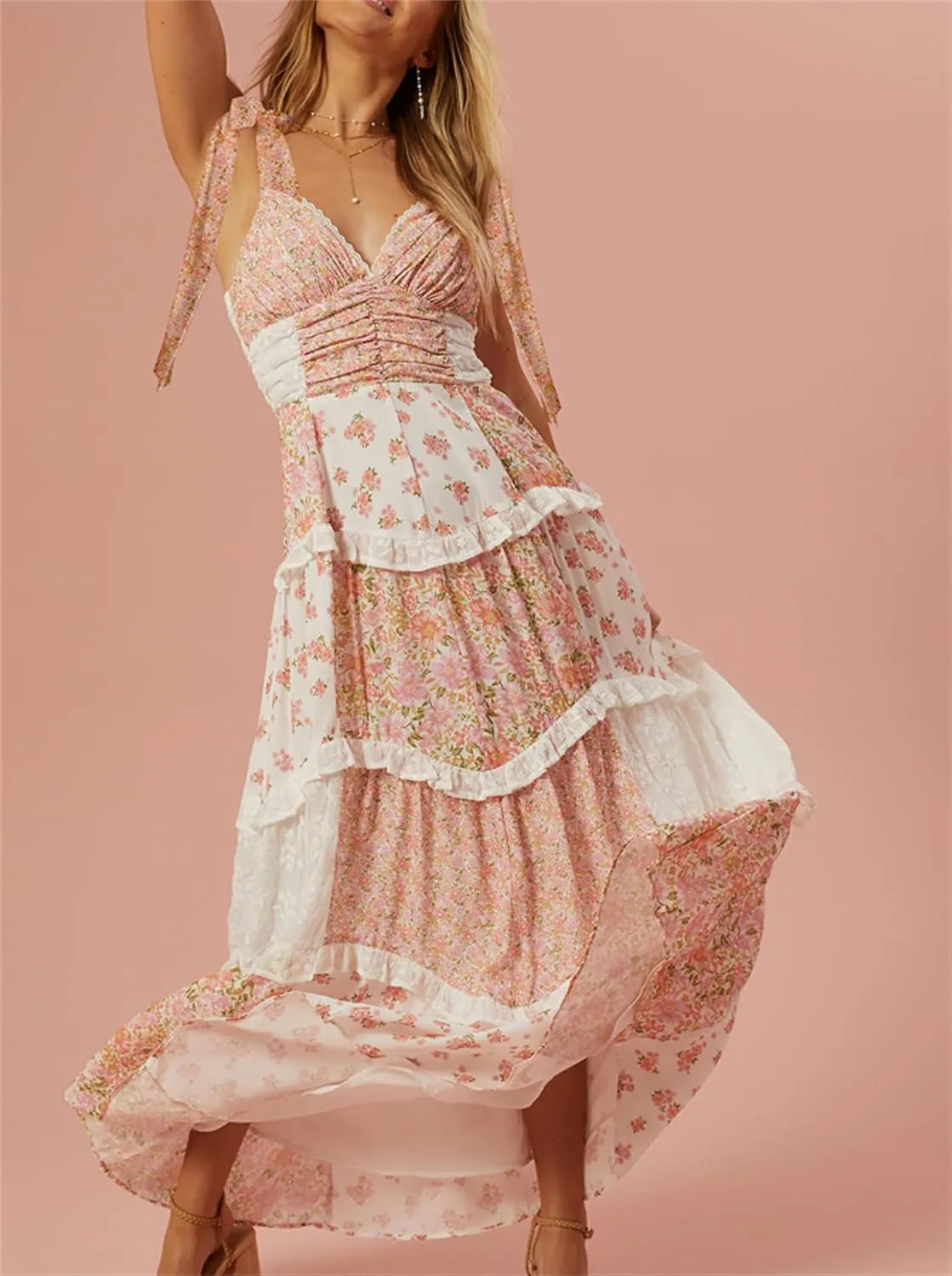 Women Boho Floral Smocked Maxi Dress Y2k Patchwork Lace Layered Long Beach Dress Casual Flowy Summer Sundress