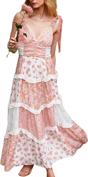 Women Boho Floral Smocked Maxi Dress Y2k Patchwork Lace Layered Long Beach Dress Casual Flowy Summer Sundress