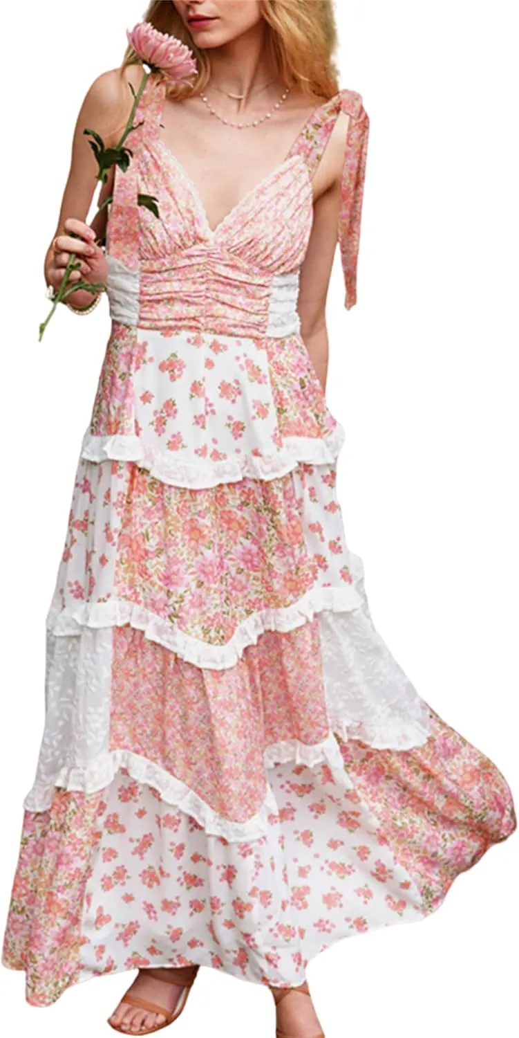 Women Boho Floral Smocked Maxi Dress Y2k Patchwork Lace Layered Long Beach Dress Casual Flowy Summer Sundress