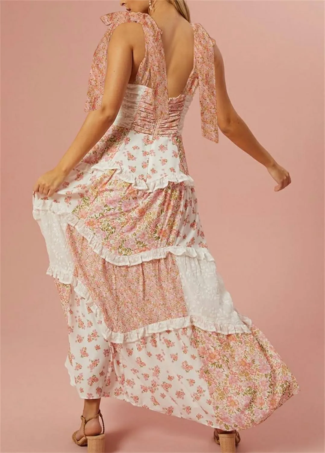 Women Boho Floral Smocked Maxi Dress Y2k Patchwork Lace Layered Long Beach Dress Casual Flowy Summer Sundress