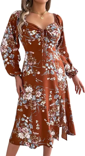 Women Casual Summer Dresses Fashion Long Sleeve Split Midi Swing Dresses Floral Boho Dress Vacation Beach Dress Loose