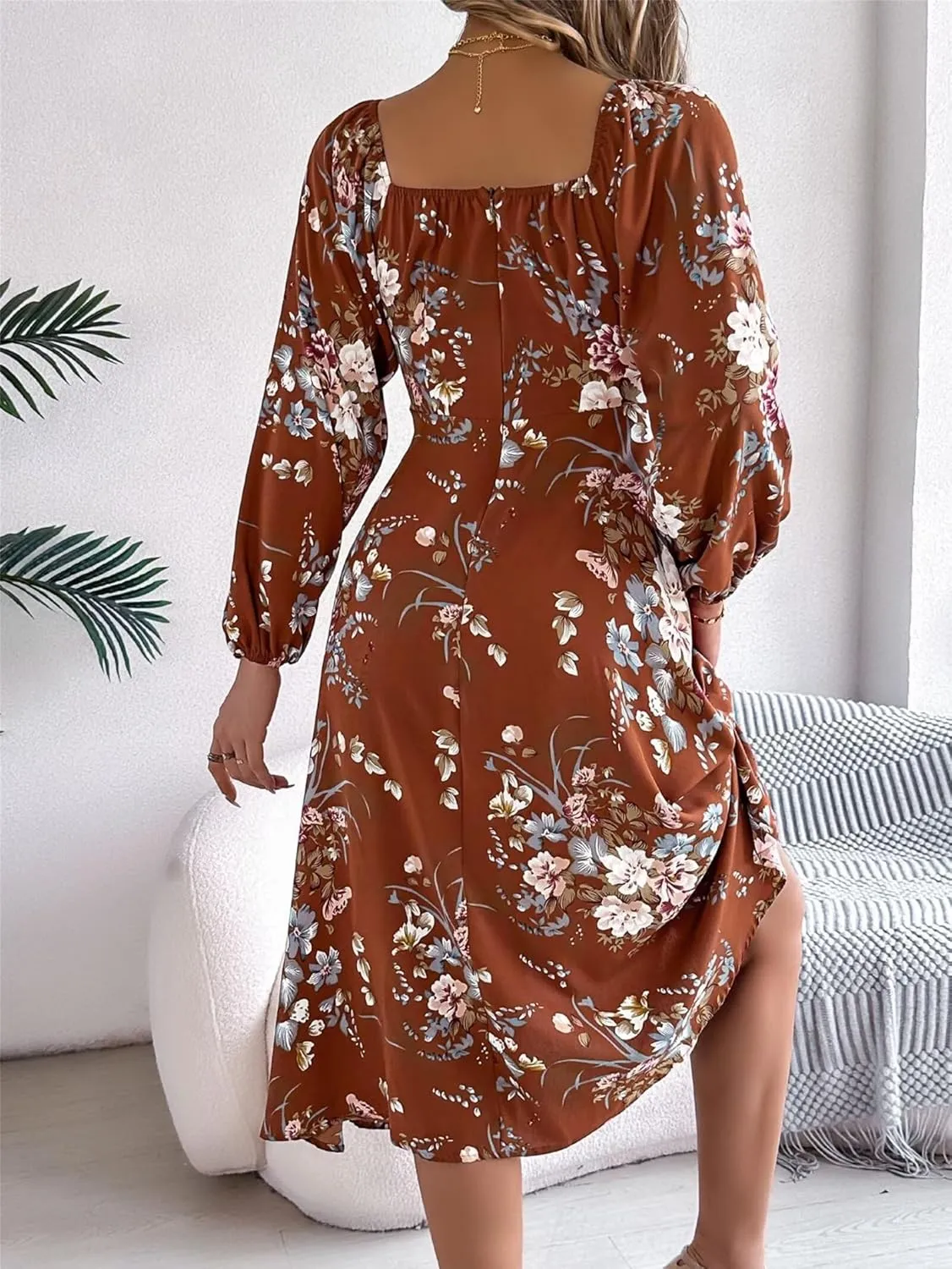 Women Casual Summer Dresses Fashion Long Sleeve Split Midi Swing Dresses Floral Boho Dress Vacation Beach Dress Loose
