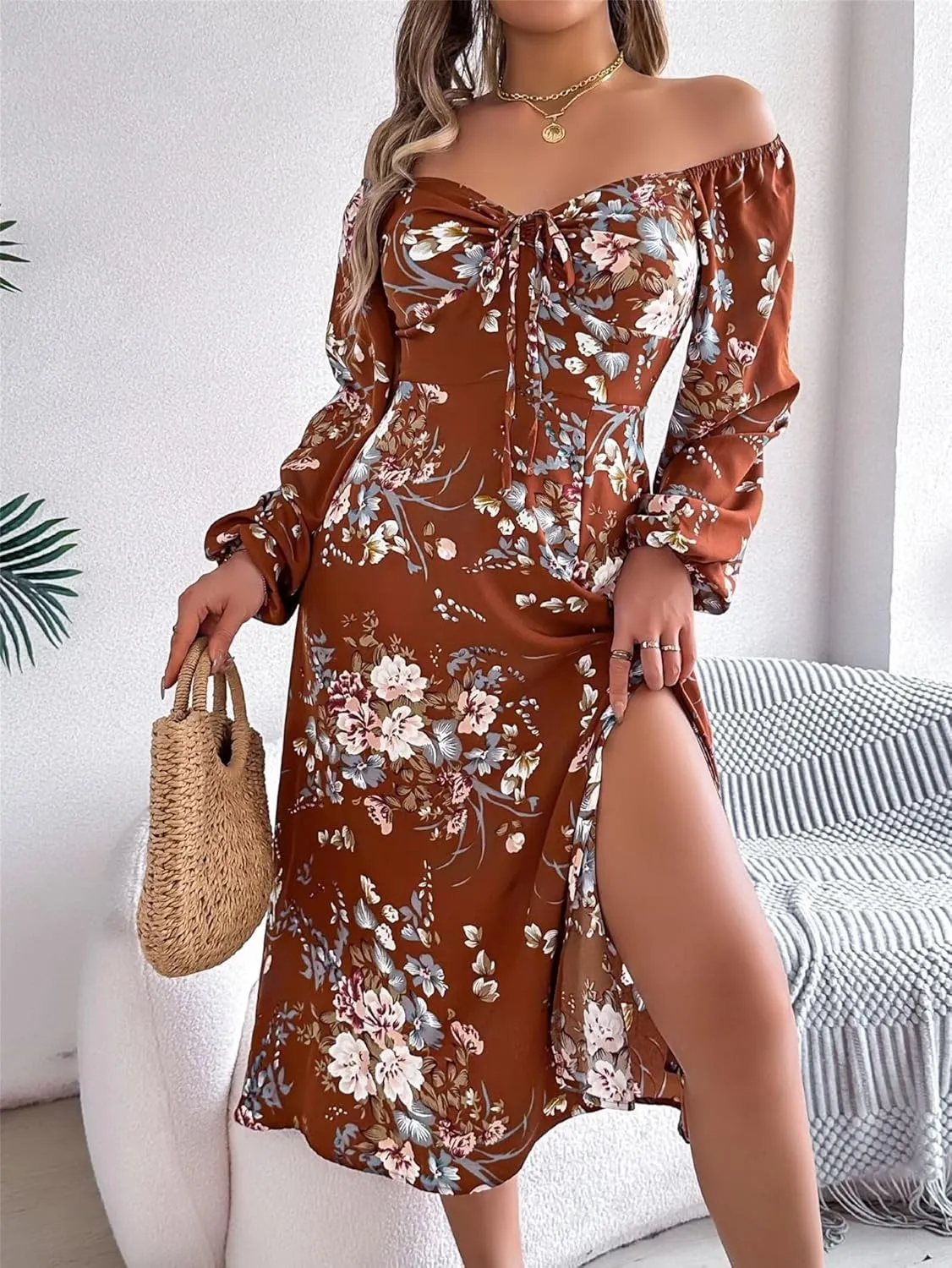 Women Casual Summer Dresses Fashion Long Sleeve Split Midi Swing Dresses Floral Boho Dress Vacation Beach Dress Loose