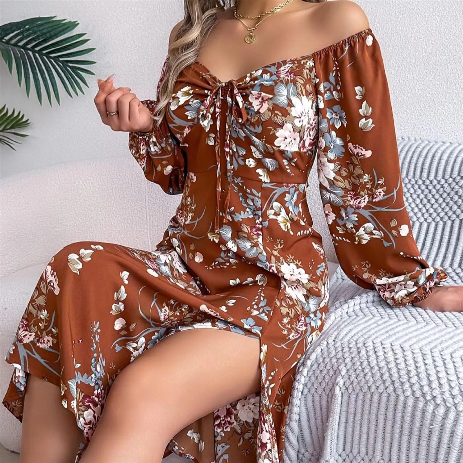 Women Casual Summer Dresses Fashion Long Sleeve Split Midi Swing Dresses Floral Boho Dress Vacation Beach Dress Loose
