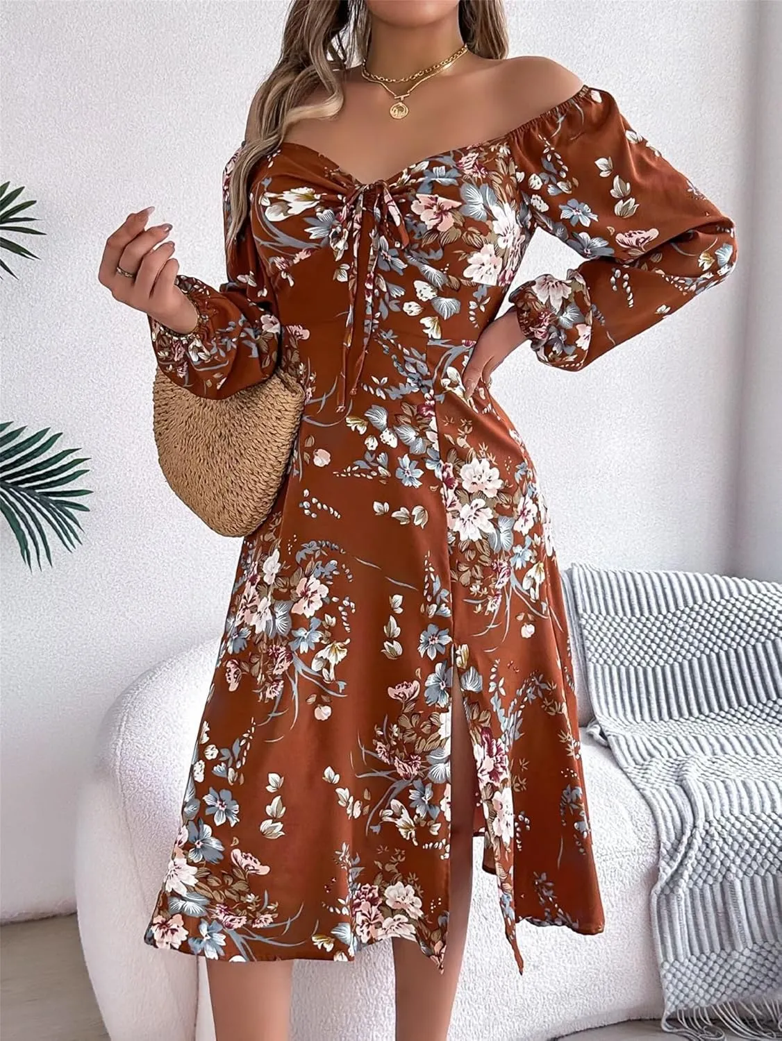 Women Casual Summer Dresses Fashion Long Sleeve Split Midi Swing Dresses Floral Boho Dress Vacation Beach Dress Loose