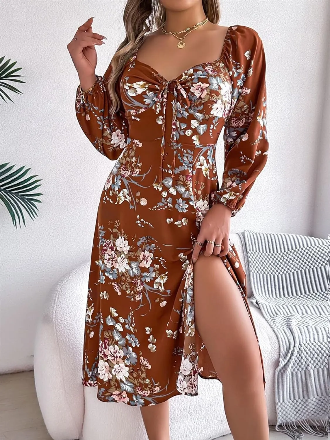 Women Casual Summer Dresses Fashion Long Sleeve Split Midi Swing Dresses Floral Boho Dress Vacation Beach Dress Loose