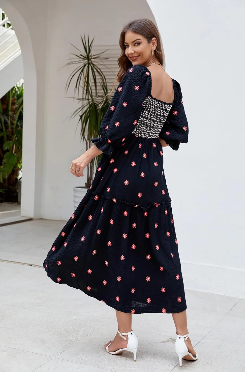 Women Floral Embroidered Maxi Dress Long Puff Sleeve Square Neck Bohemian Flowy Dress with Pockets Smocked Fall Dress