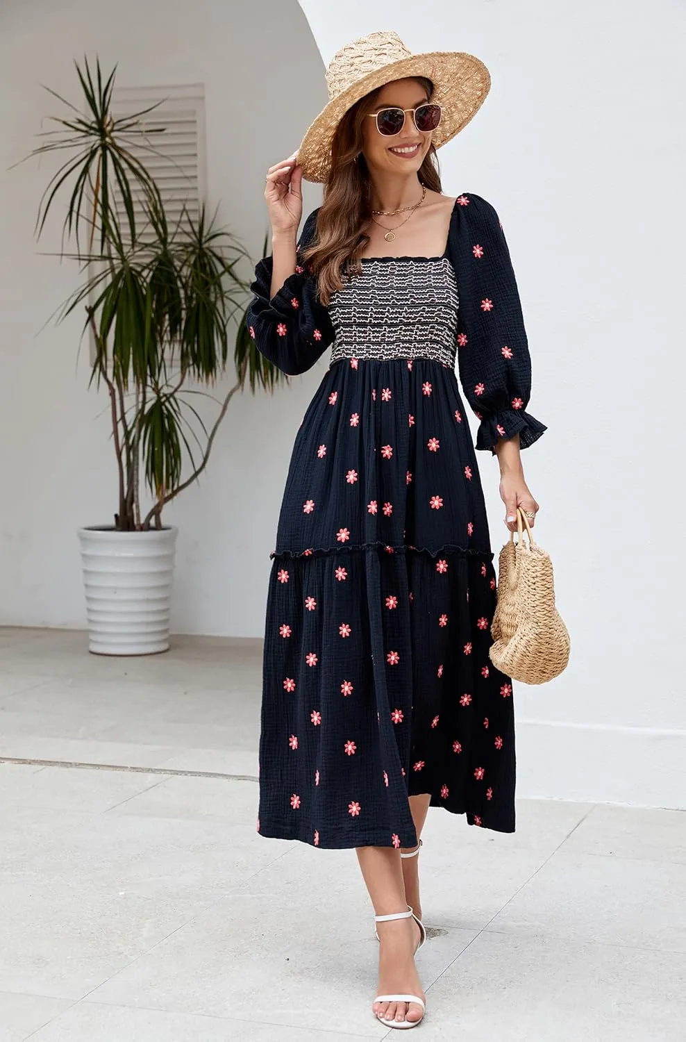 Women Floral Embroidered Maxi Dress Long Puff Sleeve Square Neck Bohemian Flowy Dress with Pockets Smocked Fall Dress