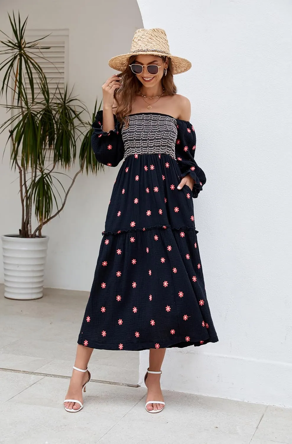 Women Floral Embroidered Maxi Dress Long Puff Sleeve Square Neck Bohemian Flowy Dress with Pockets Smocked Fall Dress