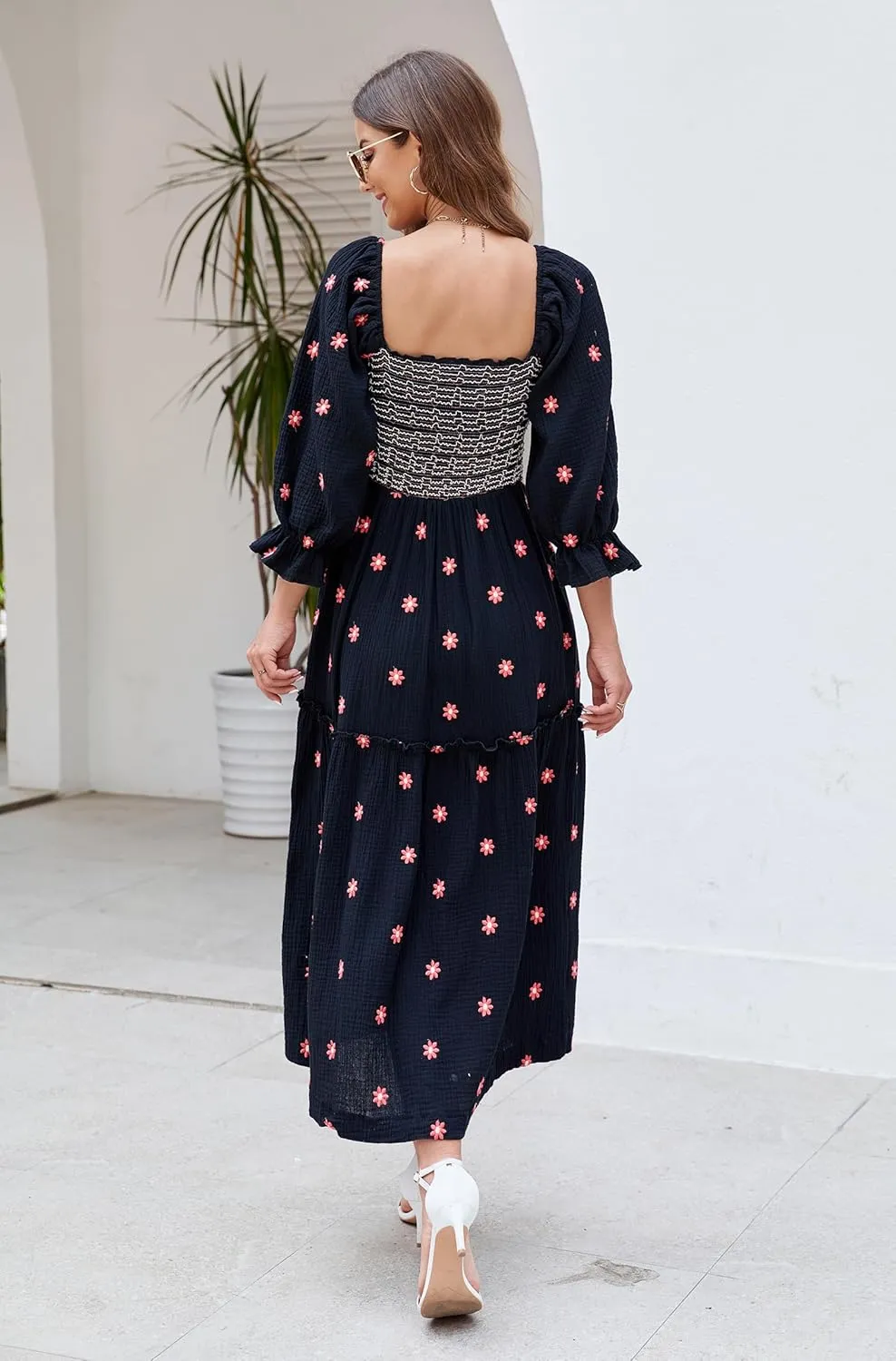Women Floral Embroidered Maxi Dress Long Puff Sleeve Square Neck Bohemian Flowy Dress with Pockets Smocked Fall Dress