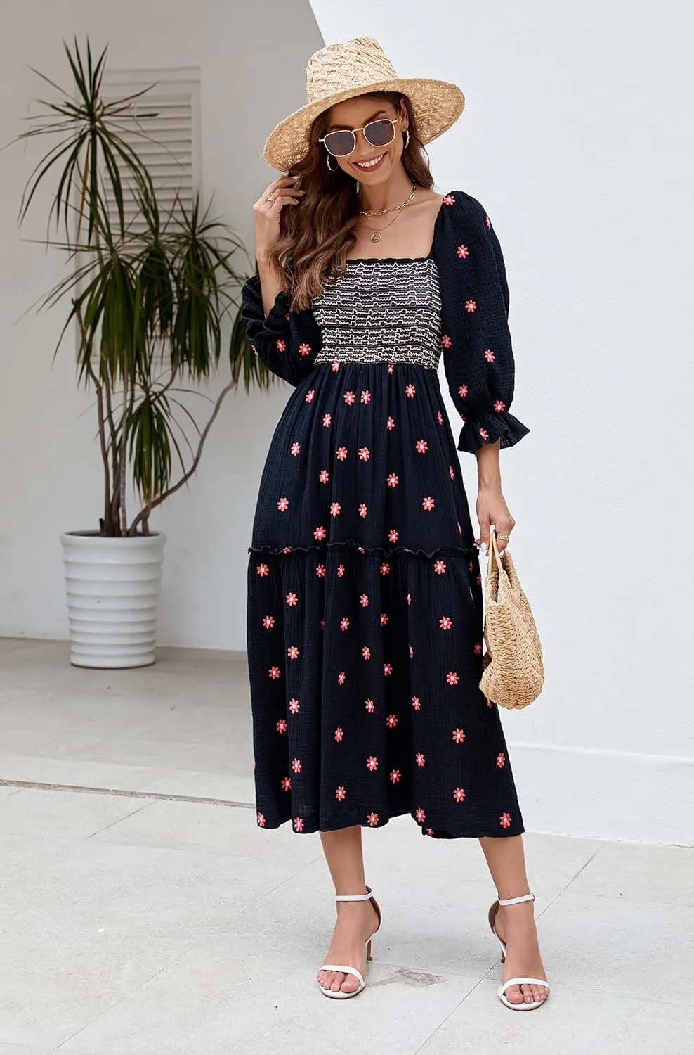 Women Floral Embroidered Maxi Dress Long Puff Sleeve Square Neck Bohemian Flowy Dress with Pockets Smocked Fall Dress