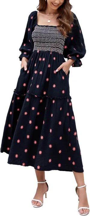 Women Floral Embroidered Maxi Dress Long Puff Sleeve Square Neck Bohemian Flowy Dress with Pockets Smocked Fall Dress