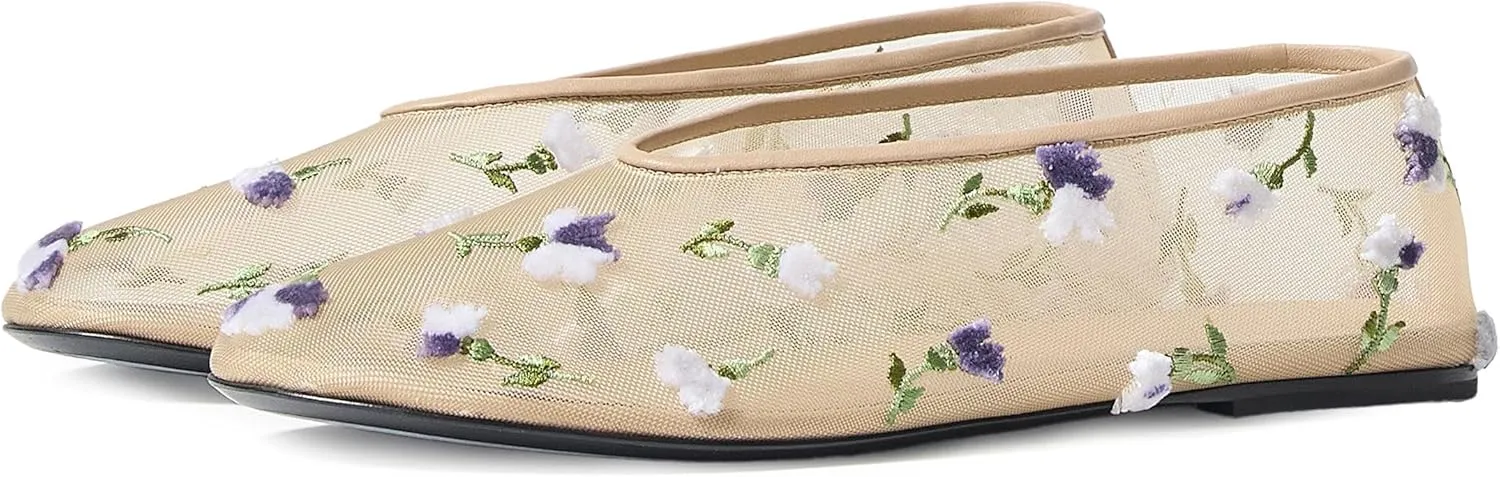 Women Mesh Ballet Flats Rhinestone Breathable Mesh Flats Slip On Ballerina Shoes Embroidered Floral Comfortable Casual Dress Shoes