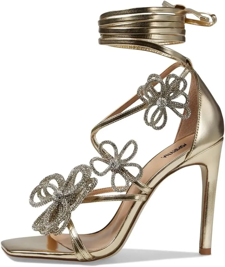 Women Open Square Toe Rhinestone Strappy Flower Sandals Tie up Ankle Strap Stiletto High Heel Sexy Wedding Prom Shoes Size 4-16 US