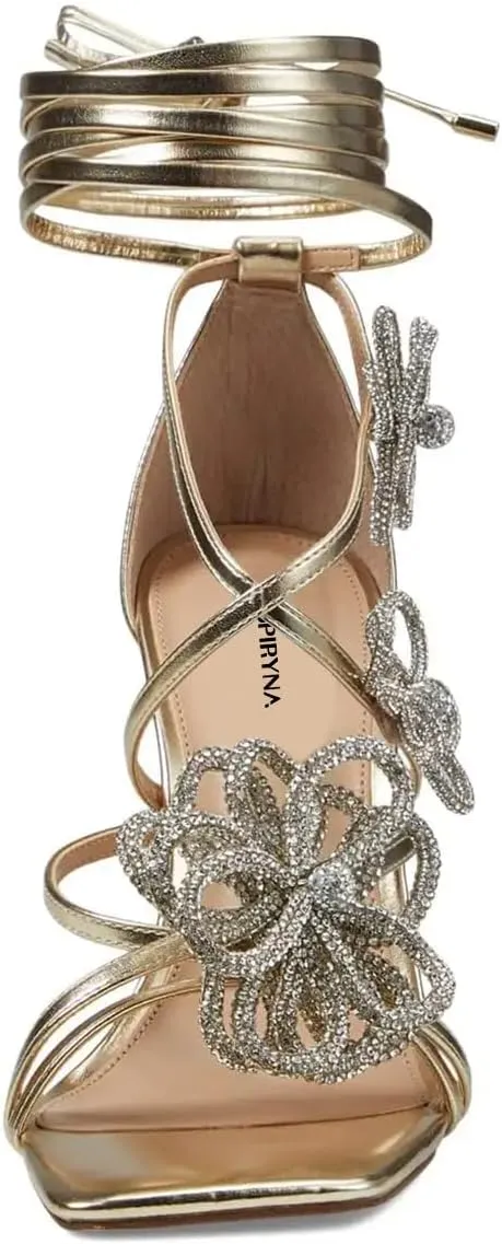 Women Open Square Toe Rhinestone Strappy Flower Sandals Tie up Ankle Strap Stiletto High Heel Sexy Wedding Prom Shoes Size 4-16 US
