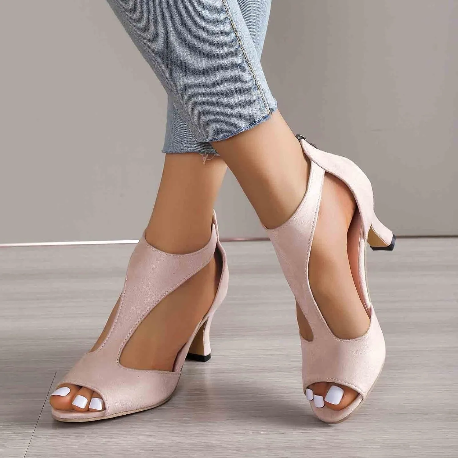 Women Orthopedic High Heels Dress Sandals Summer Open Toe Zip Closure Casual Suede Leather Fish Mouth Sandal for Dressy Back Zipper Orthotic Beach Boho Outdoor Wedding Shoes For Party Daily Wear