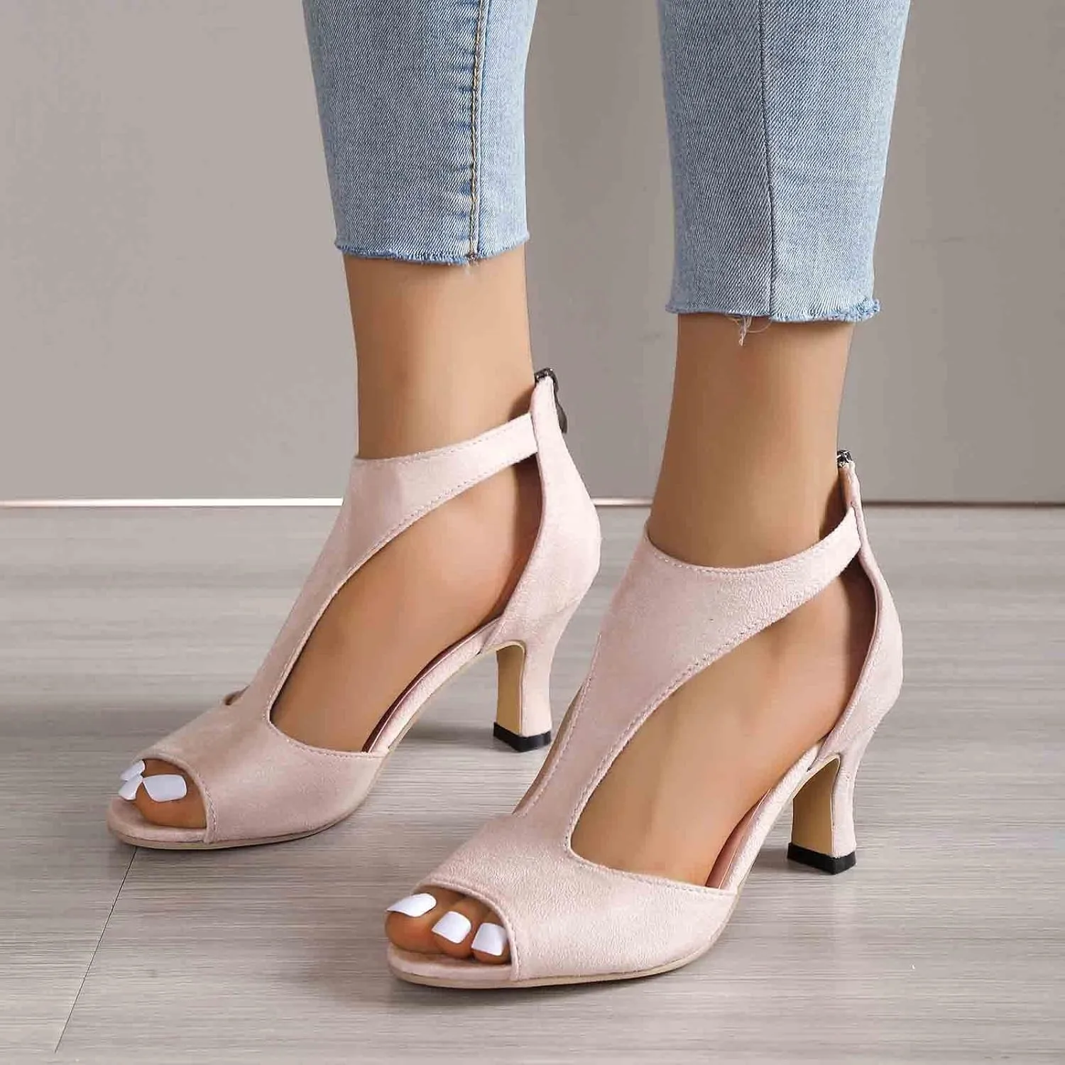 Women Orthopedic High Heels Dress Sandals Summer Open Toe Zip Closure Casual Suede Leather Fish Mouth Sandal for Dressy Back Zipper Orthotic Beach Boho Outdoor Wedding Shoes For Party Daily Wear
