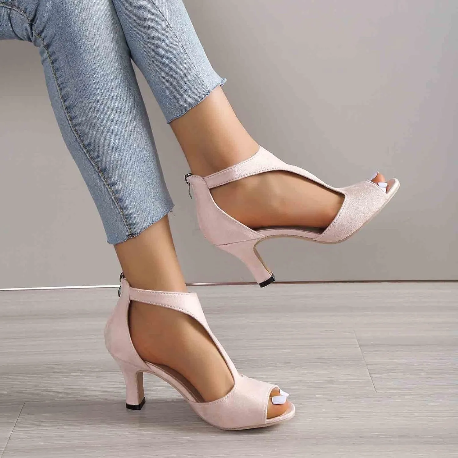 Women Orthopedic High Heels Dress Sandals Summer Open Toe Zip Closure Casual Suede Leather Fish Mouth Sandal for Dressy Back Zipper Orthotic Beach Boho Outdoor Wedding Shoes For Party Daily Wear