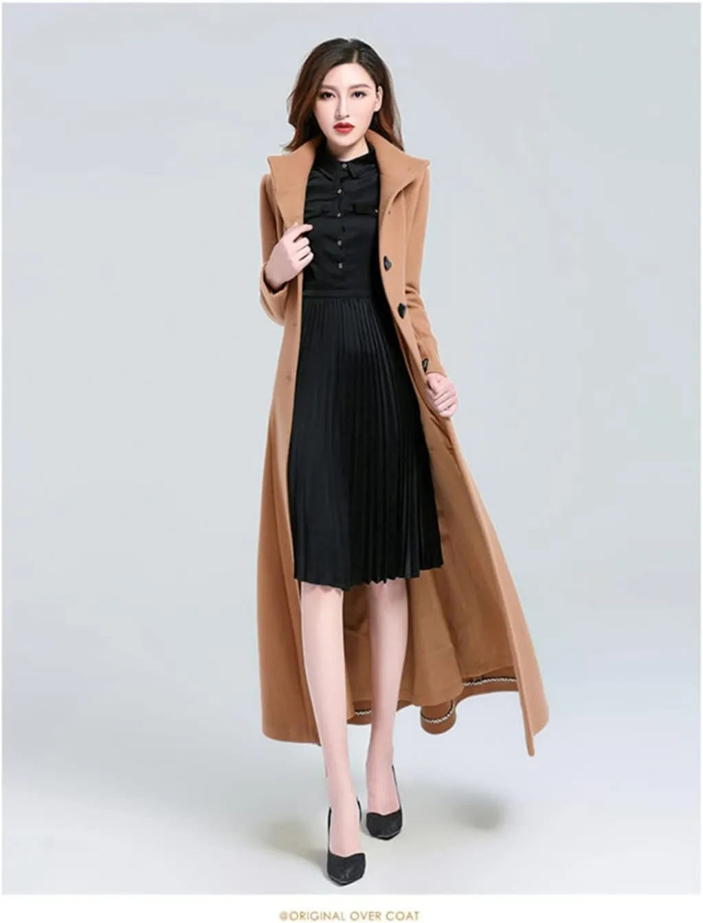 Women Single Breasted Faux Wool Blend Maxi Long Trench Stand Collar Outwear Coat