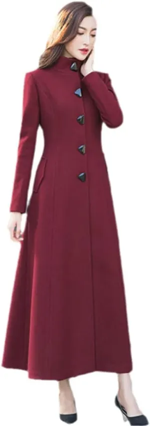 Women Single Breasted Faux Wool Blend Maxi Long Trench Stand Collar Outwear Coat