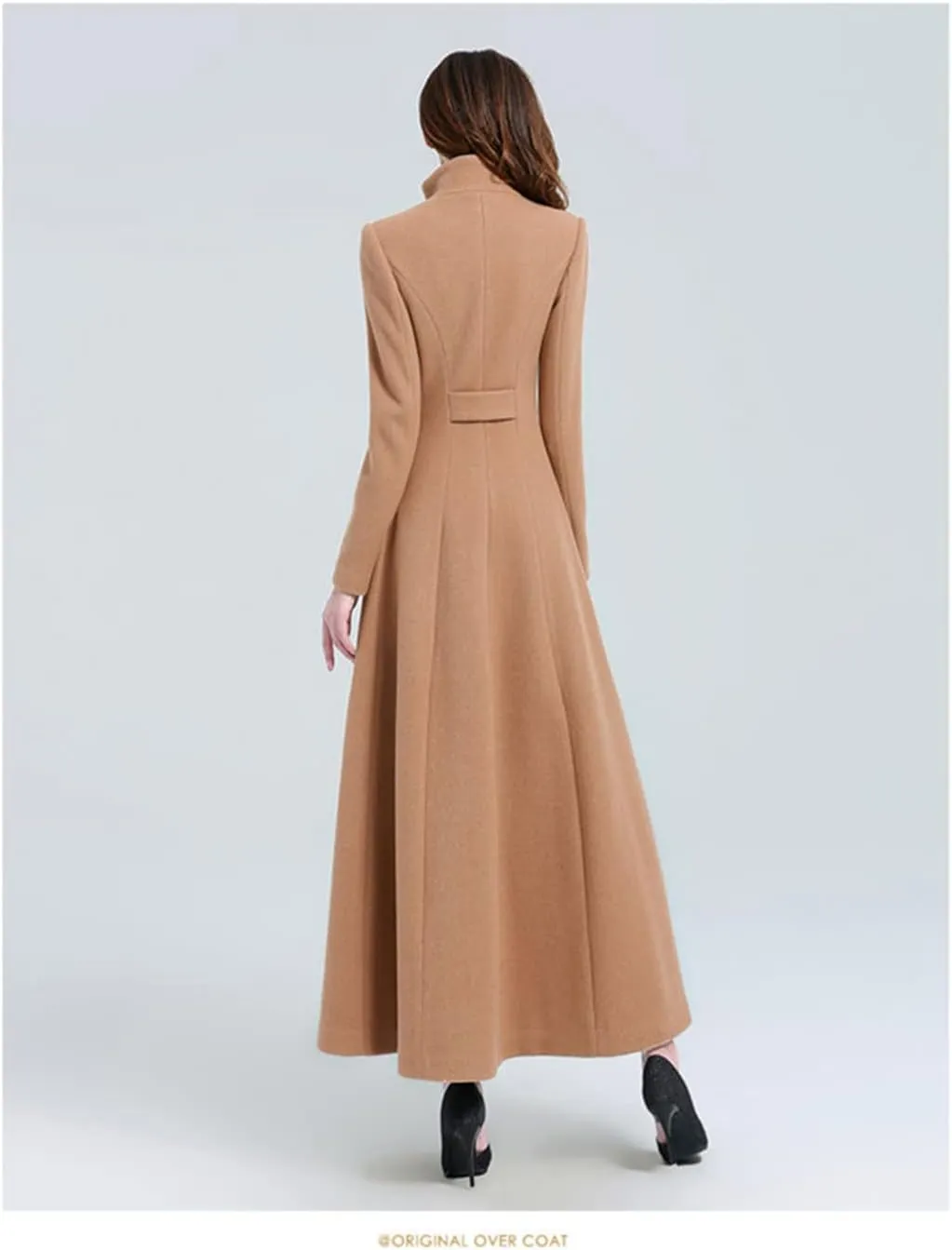 Women Single Breasted Faux Wool Blend Maxi Long Trench Stand Collar Outwear Coat