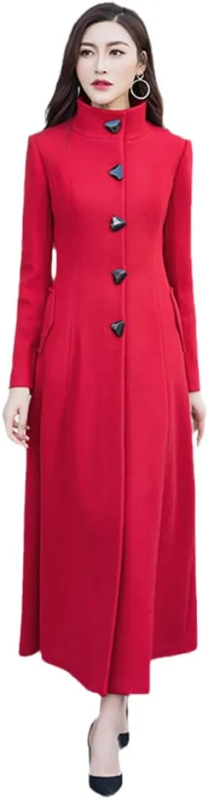 Women Single Breasted Faux Wool Blend Maxi Long Trench Stand Collar Outwear Coat