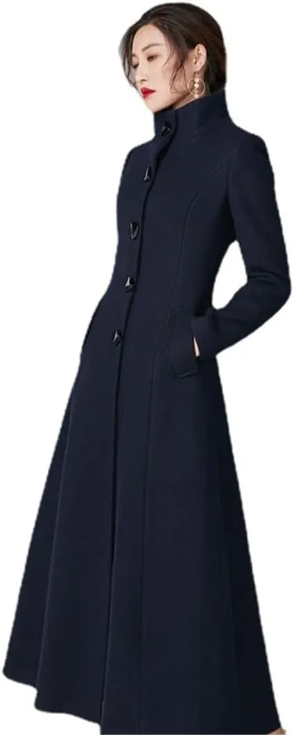 Women Single Breasted Faux Wool Blend Maxi Long Trench Stand Collar Outwear Coat