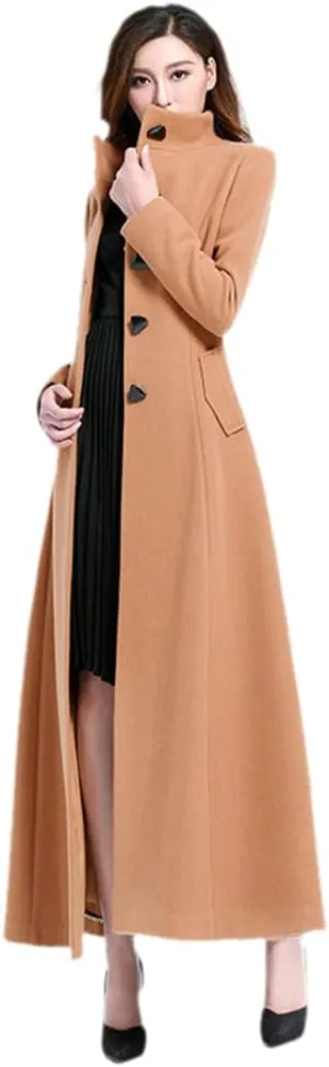 Women Single Breasted Faux Wool Blend Maxi Long Trench Stand Collar Outwear Coat