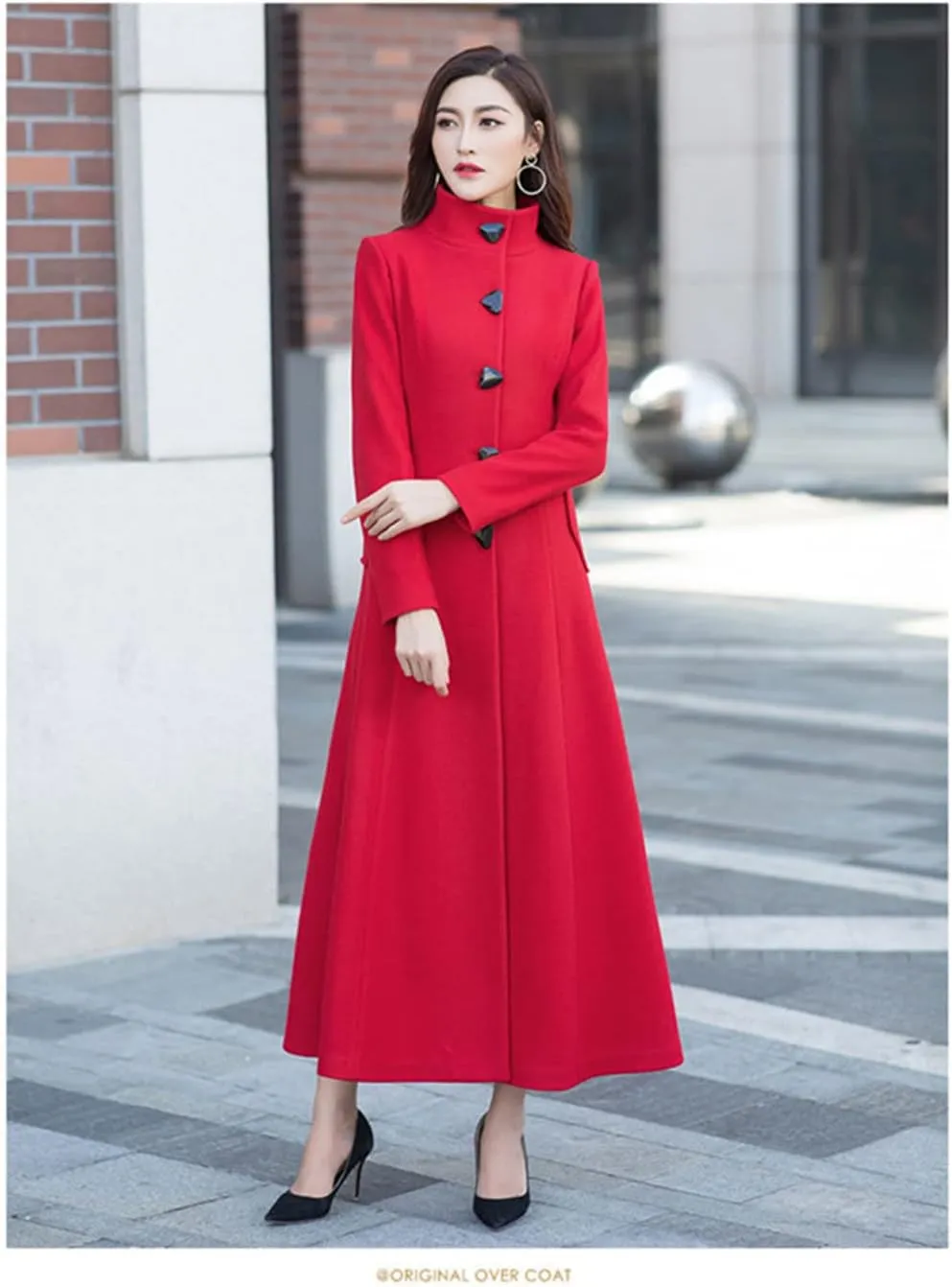 Women Single Breasted Faux Wool Blend Maxi Long Trench Stand Collar Outwear Coat