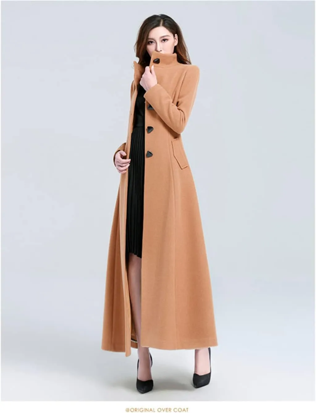 Women Single Breasted Faux Wool Blend Maxi Long Trench Stand Collar Outwear Coat