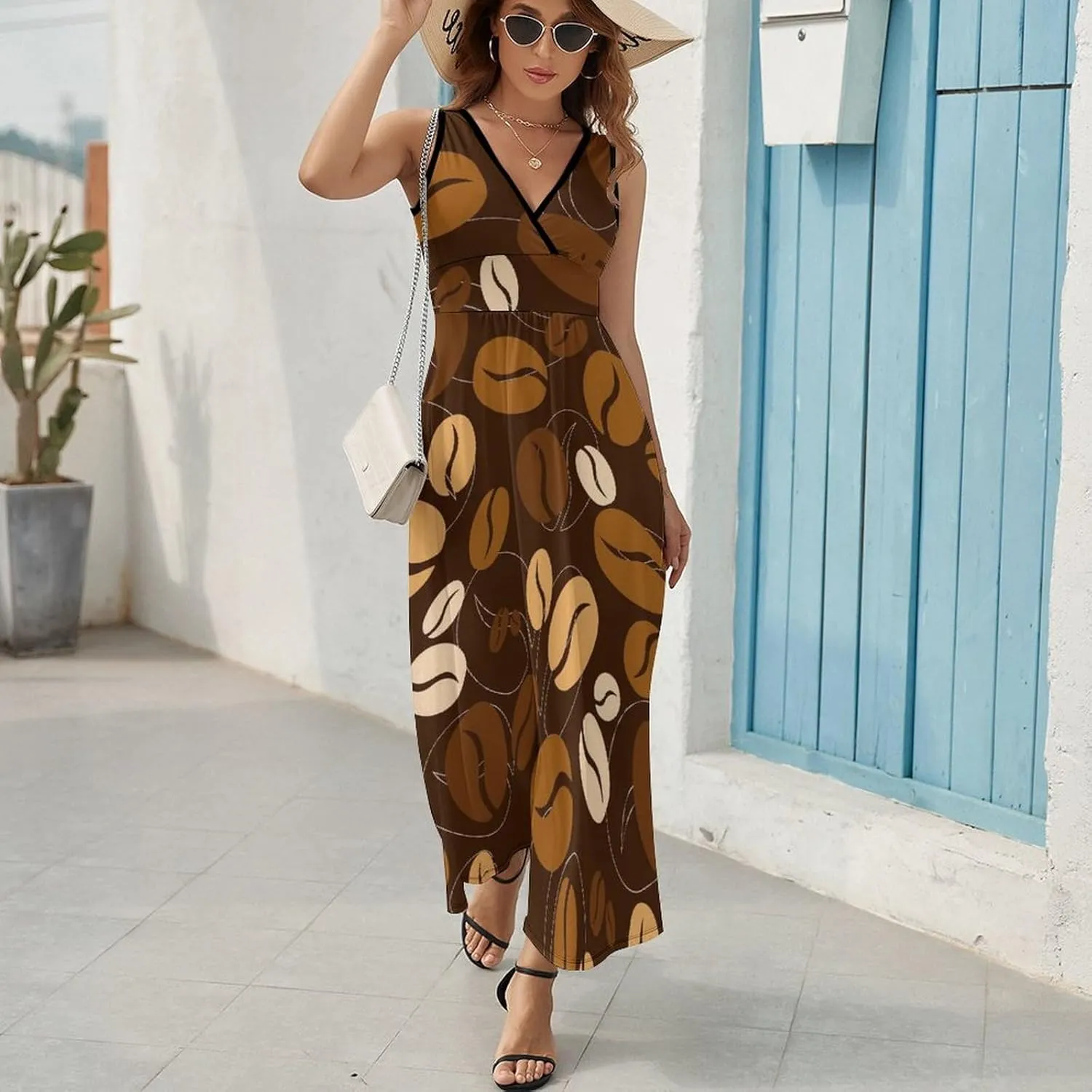 Women Summer Casual Sleeveless V Neck Caramel Coffee Pattern Sundress Maxi Long Beach Dress