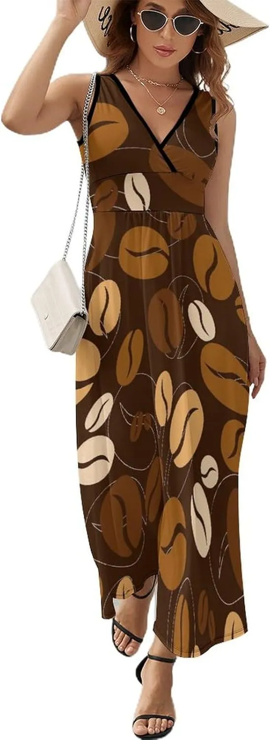 Women Summer Casual Sleeveless V Neck Caramel Coffee Pattern Sundress Maxi Long Beach Dress