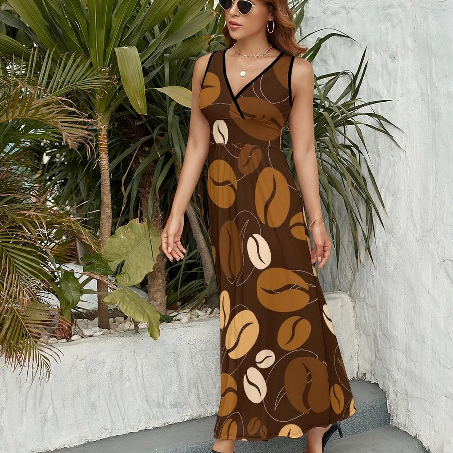 Women Summer Casual Sleeveless V Neck Caramel Coffee Pattern Sundress Maxi Long Beach Dress