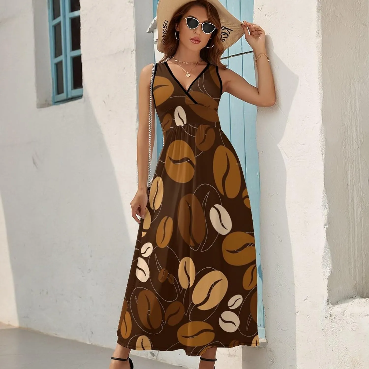 Women Summer Casual Sleeveless V Neck Caramel Coffee Pattern Sundress Maxi Long Beach Dress