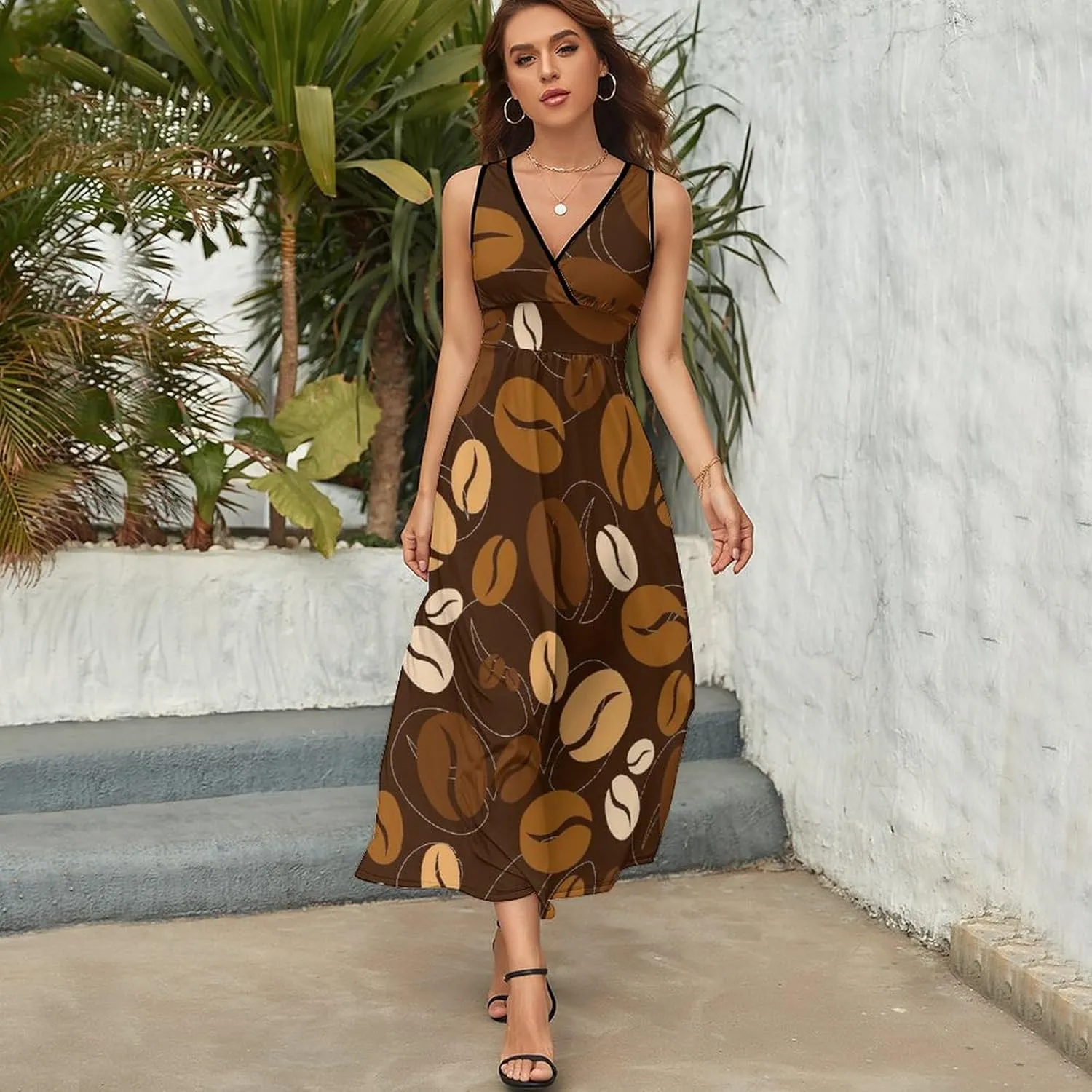 Women Summer Casual Sleeveless V Neck Caramel Coffee Pattern Sundress Maxi Long Beach Dress