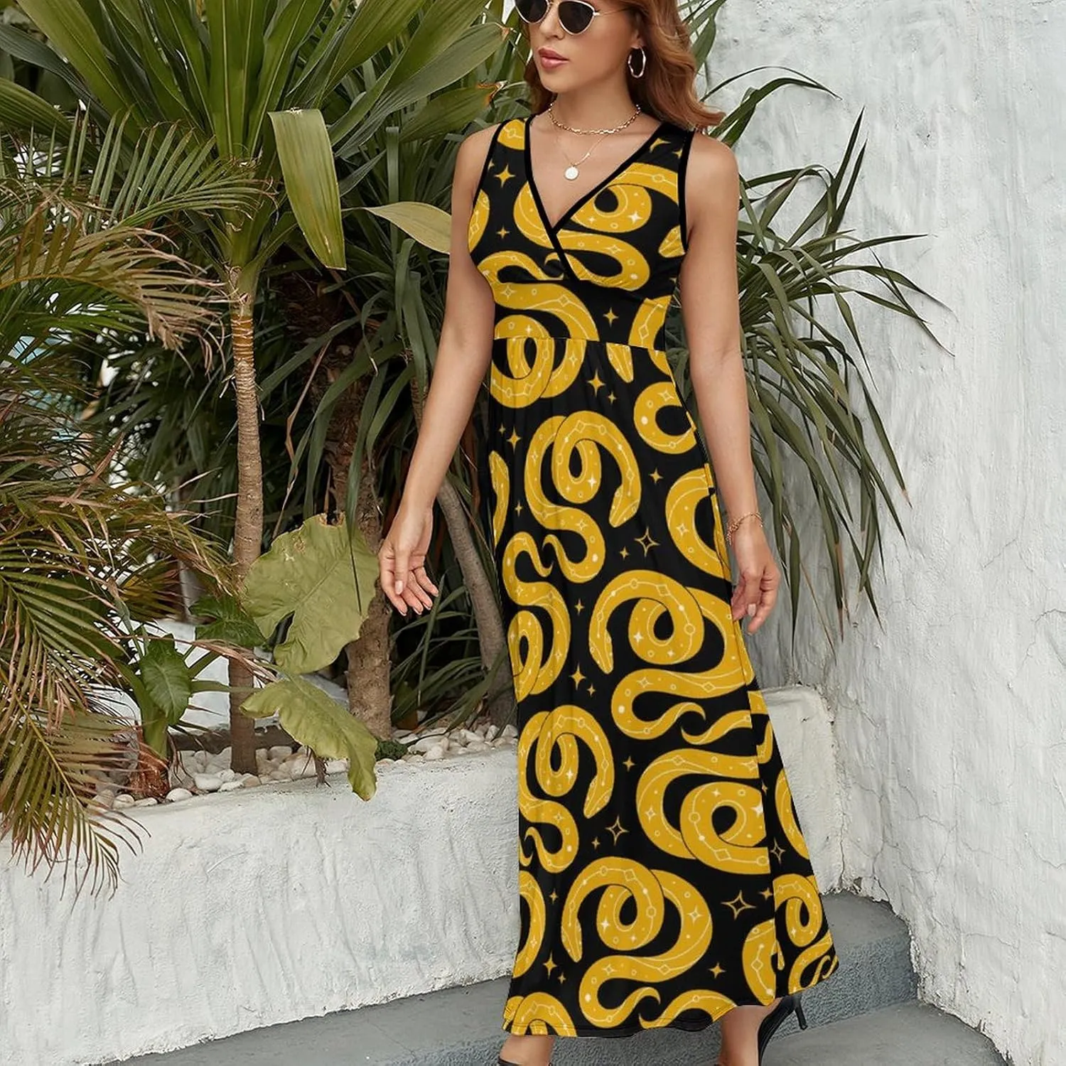 Women Summer Casual Sleeveless V Neck Mystical Yellow Snake Sundress Maxi Long Beach Dress