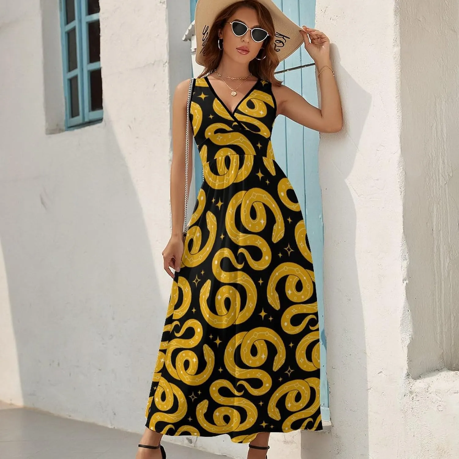 Women Summer Casual Sleeveless V Neck Mystical Yellow Snake Sundress Maxi Long Beach Dress