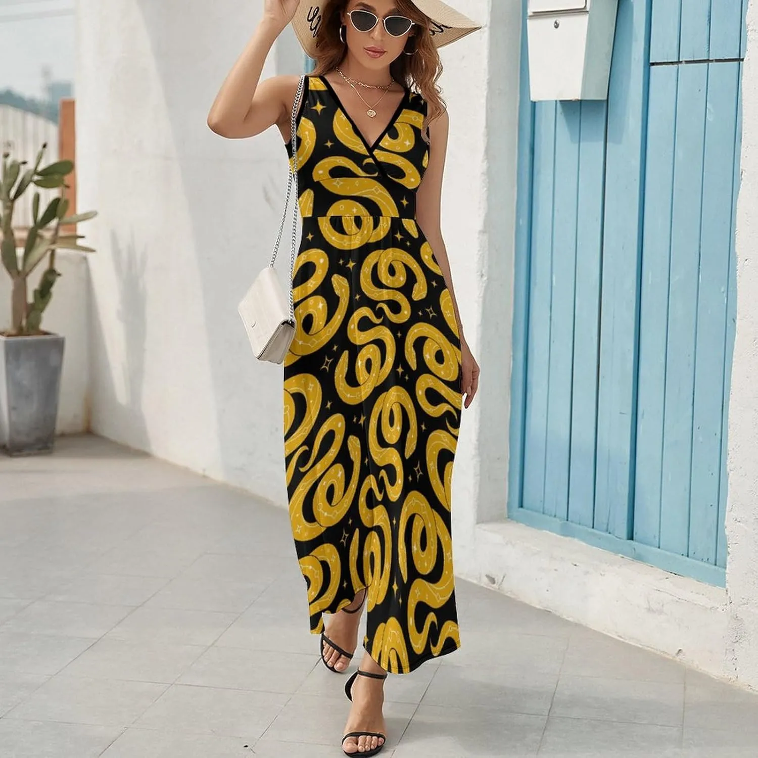 Women Summer Casual Sleeveless V Neck Mystical Yellow Snake Sundress Maxi Long Beach Dress