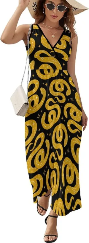 Women Summer Casual Sleeveless V Neck Mystical Yellow Snake Sundress Maxi Long Beach Dress