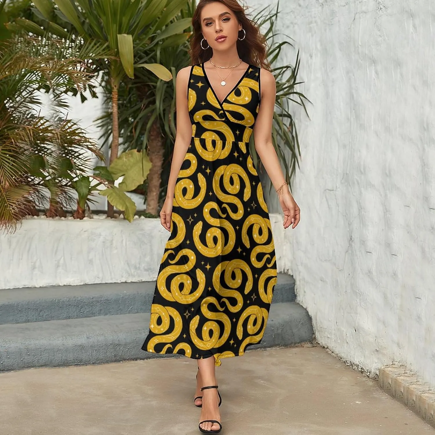 Women Summer Casual Sleeveless V Neck Mystical Yellow Snake Sundress Maxi Long Beach Dress