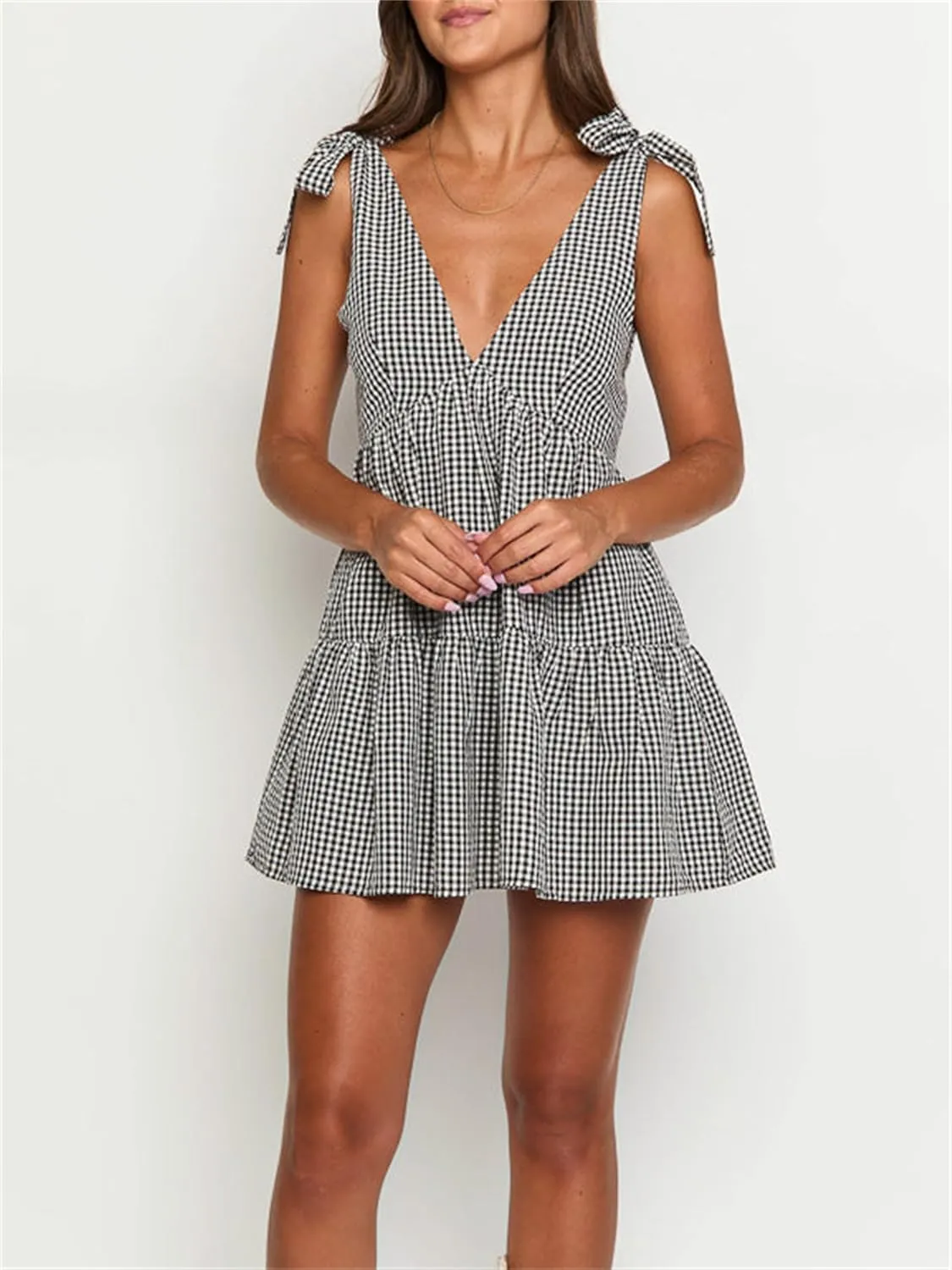 Women Summer Plaid Mini Dress Casual Y2k Gingham Spaghetti Strap Going Out Outfit Cute Flowy Swing Loose Fit Clubwear