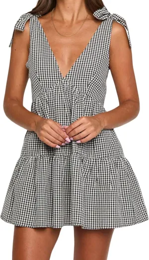 Women Summer Plaid Mini Dress Casual Y2k Gingham Spaghetti Strap Going Out Outfit Cute Flowy Swing Loose Fit Clubwear